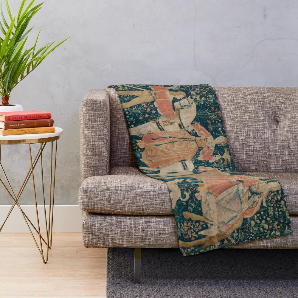 Medieval tapestry plush blanket featuring a hawk hunt design