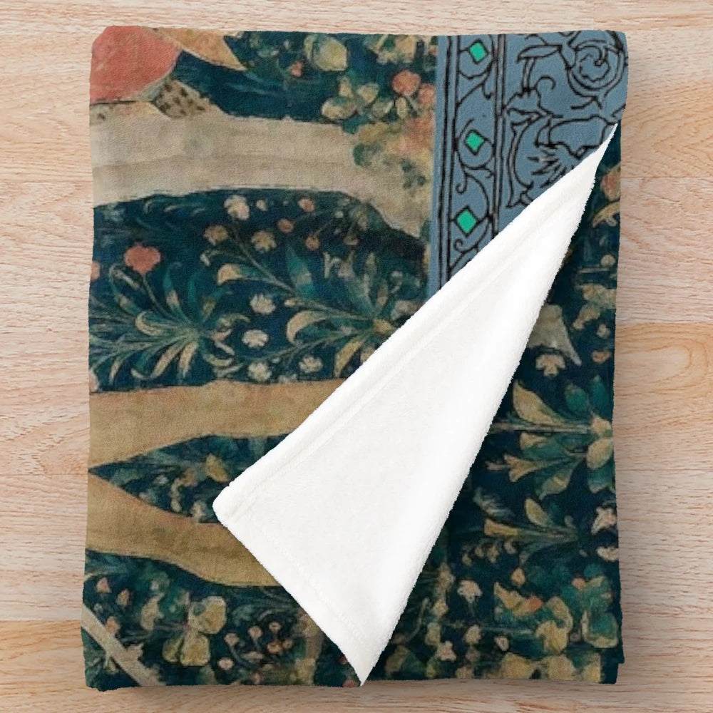 Medieval tapestry plush blanket featuring a hawk hunt design
