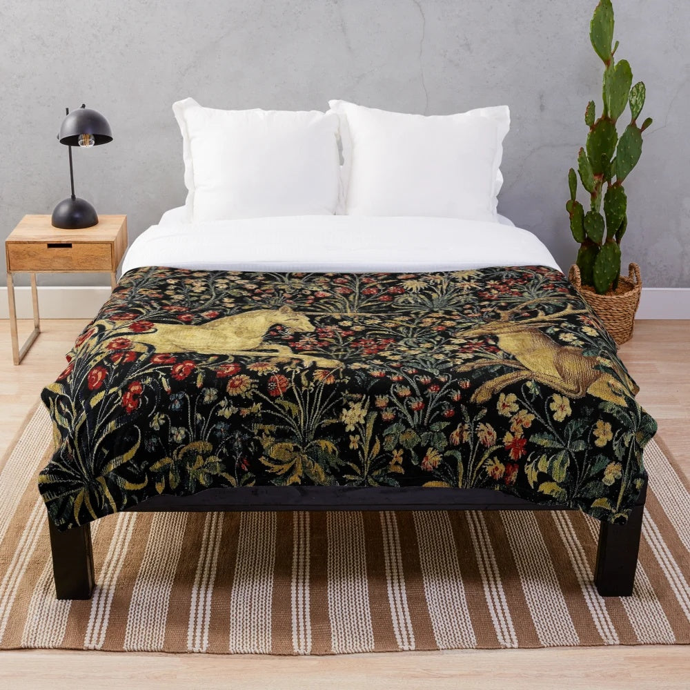 Medieval Unicorn Floral Tapestry Plush Blanket