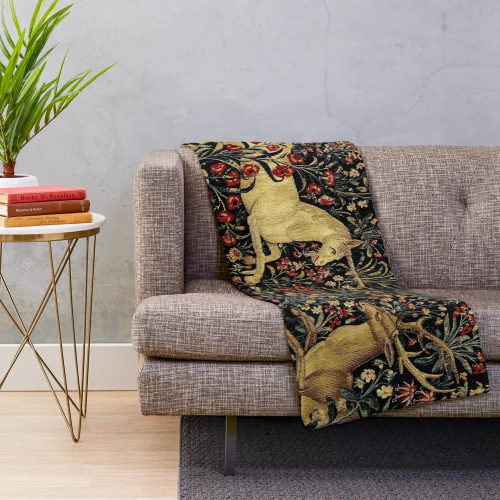 Medieval Unicorn Floral Tapestry Plush Blanket