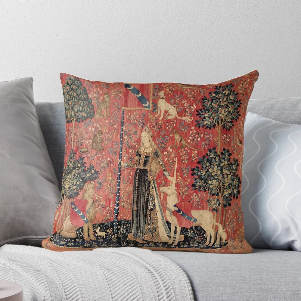 Vibrant medieval unicorn floral tapestry design printed on a decorative pillow for a touch of fantasy and elegance in your home.