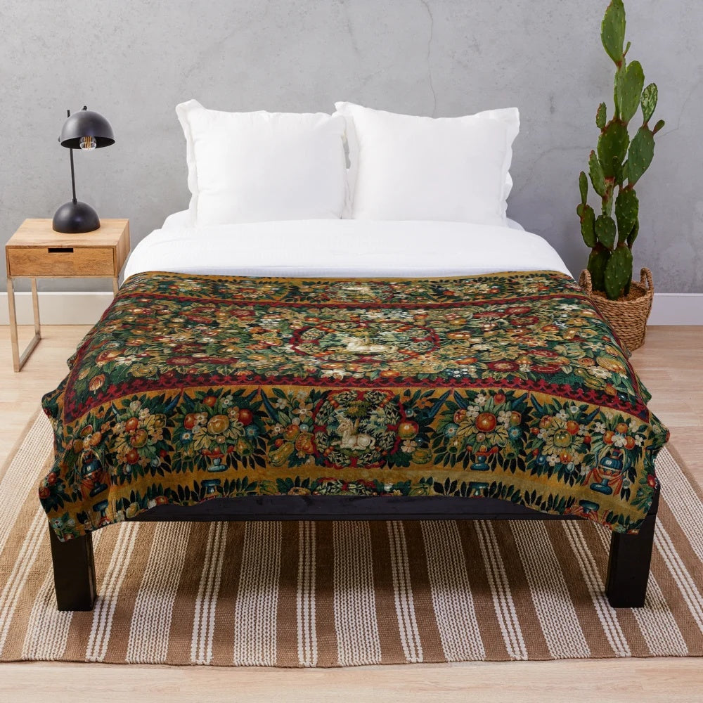 Medieval unicorn floral tapestry plush blanket