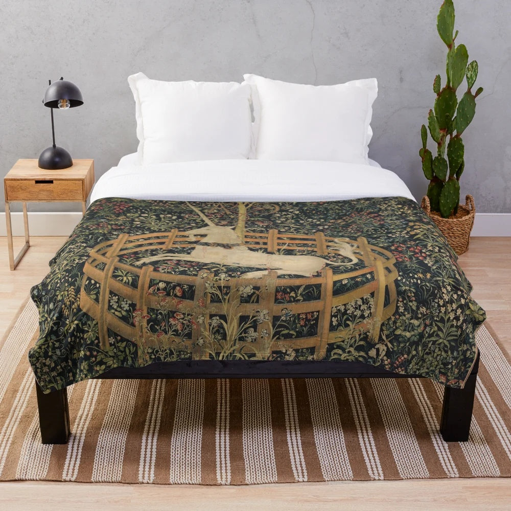 Fantasy unicorn in a floral tapestry design plush blanket