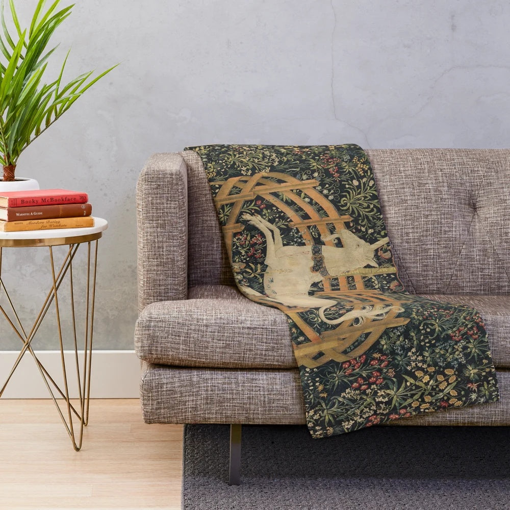 Fantasy unicorn in a floral tapestry design plush blanket