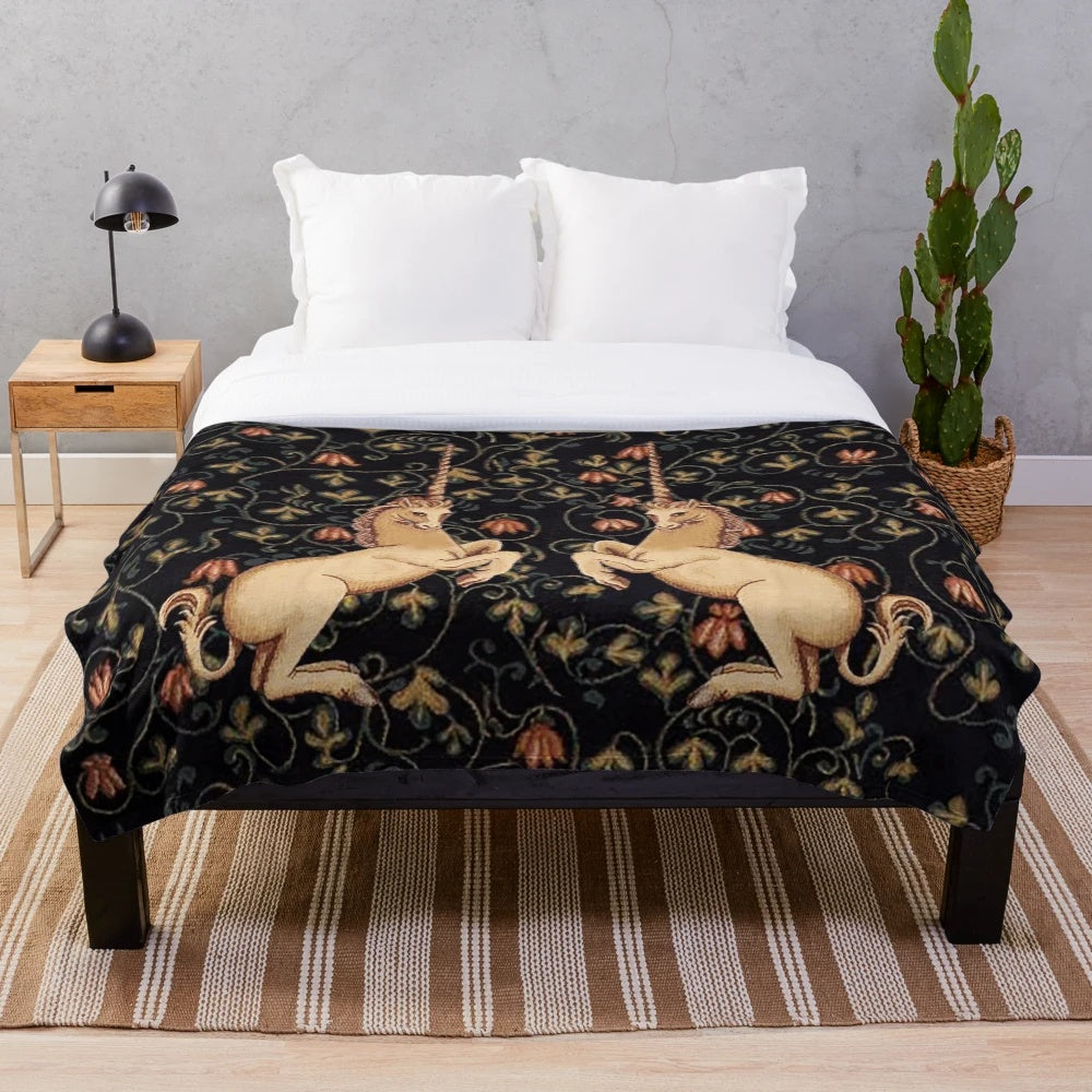 Medieval Unicorn Floral Tapestry Plush Blanket