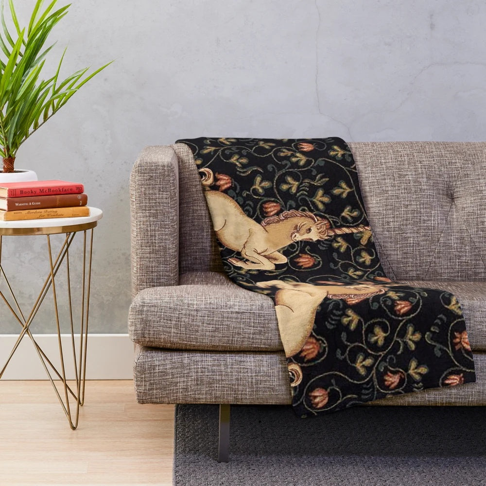 Medieval Unicorn Floral Tapestry Plush Blanket