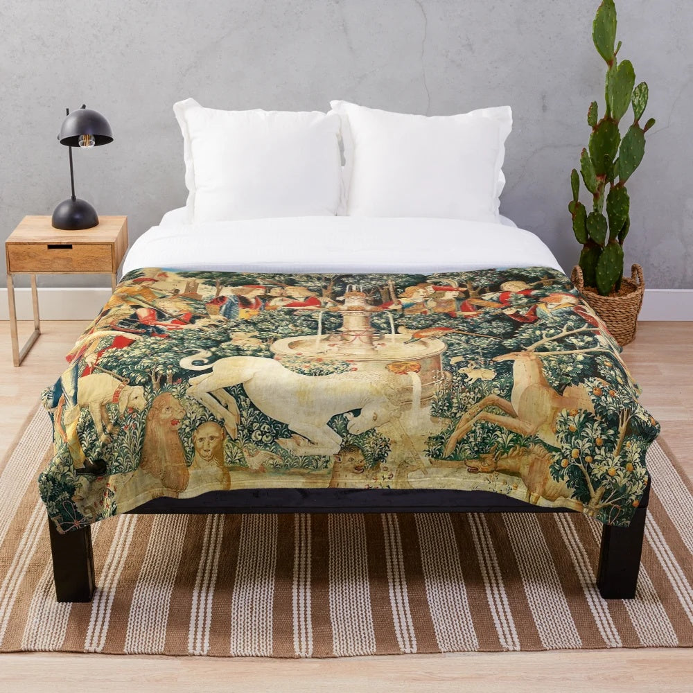 Medieval unicorn floral tapestry plush blanket