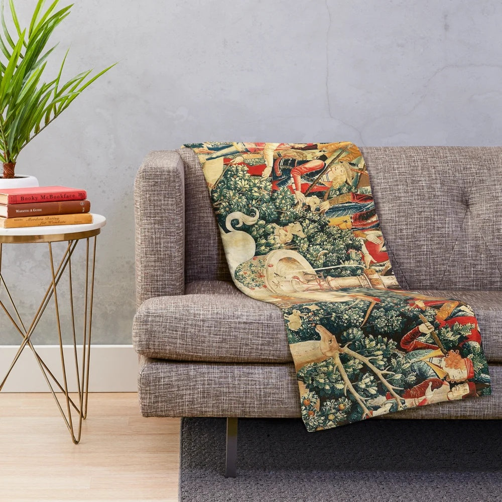 Medieval unicorn floral tapestry plush blanket