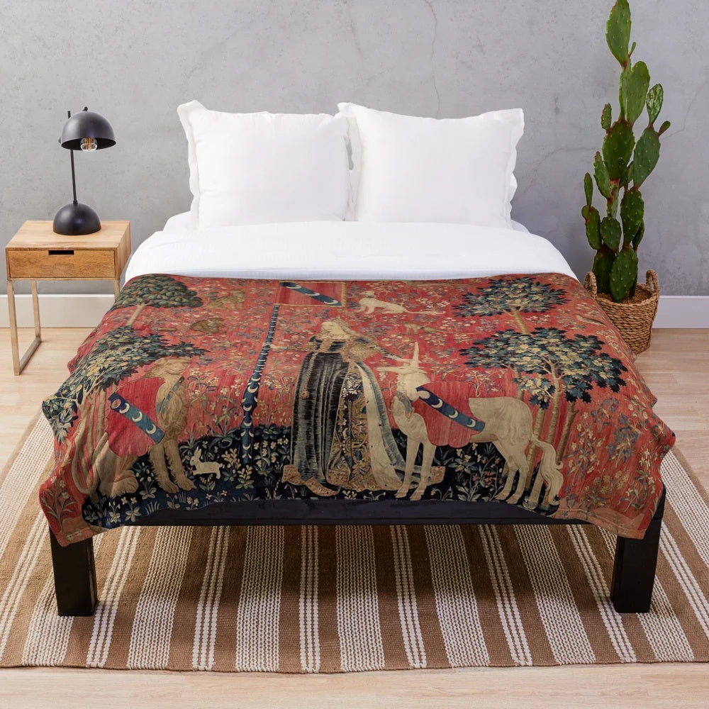 Medieval unicorn floral tapestry plush blanket