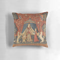Decorative pillow featuring a medieval unicorn design inspired by the famous Lady and the Unicorn tapestry series.