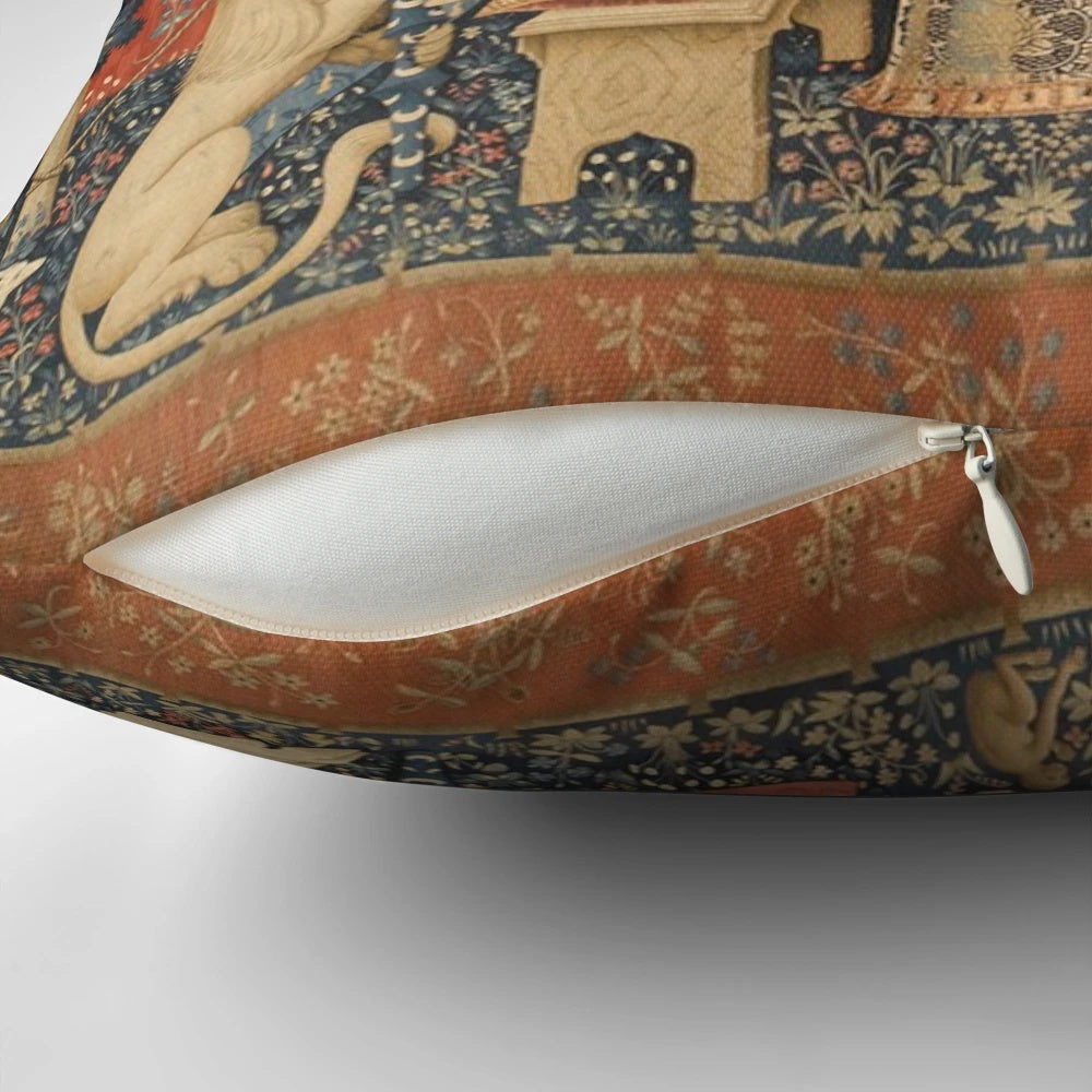 Decorative pillow featuring a medieval unicorn design inspired by the famous Lady and the Unicorn tapestry series.