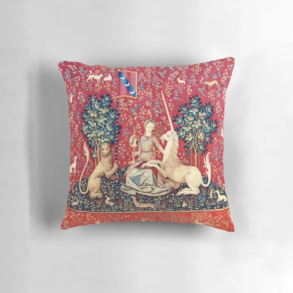 Elegant medieval unicorn tapestry pillow featuring the iconic "Lady and the Unicorn" scene with a unicorn and a lady in a lush floral setting.