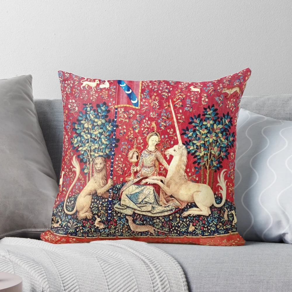 Elegant medieval unicorn tapestry pillow featuring the iconic "Lady and the Unicorn" scene with a unicorn and a lady in a lush floral setting.