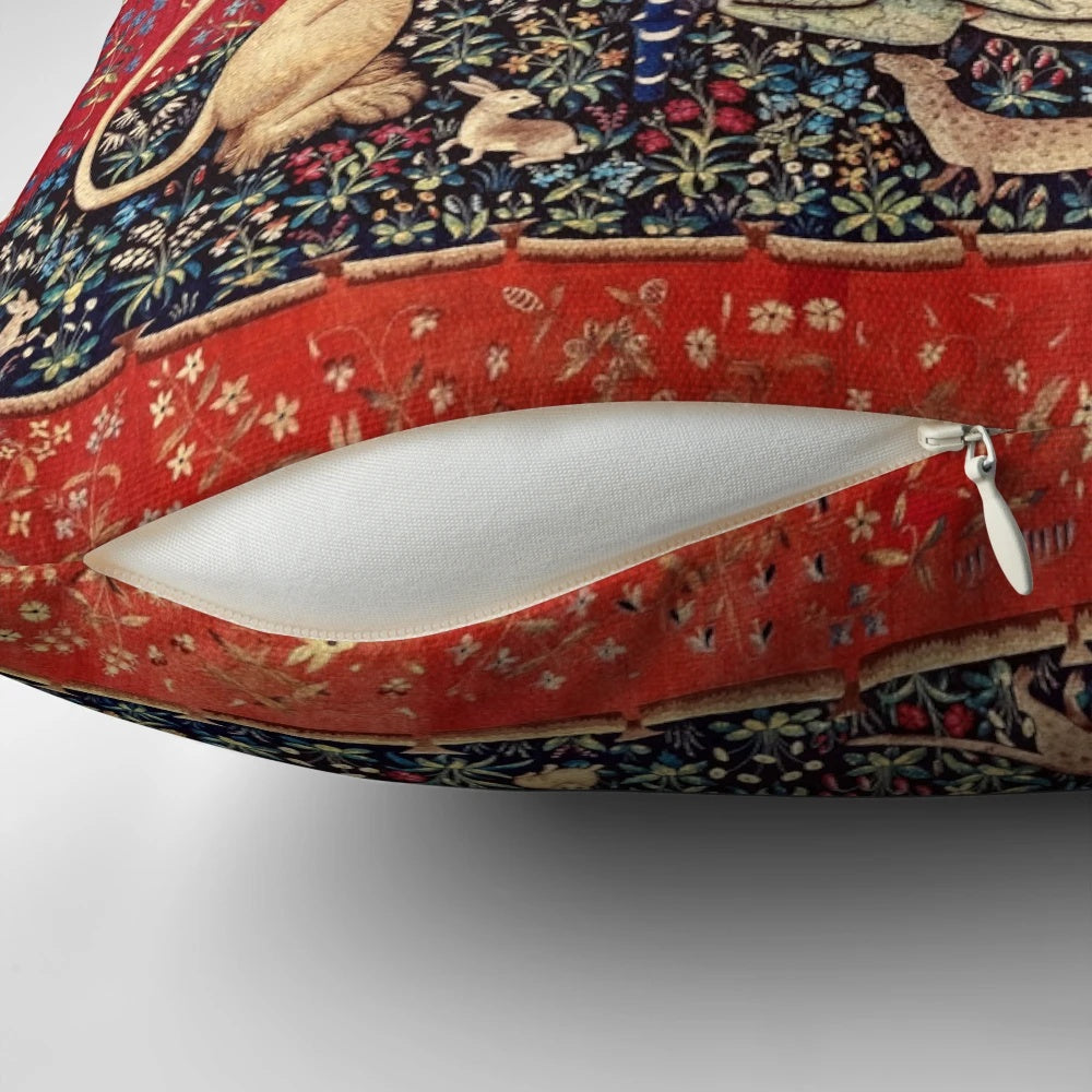 Elegant medieval unicorn tapestry pillow featuring the iconic "Lady and the Unicorn" scene with a unicorn and a lady in a lush floral setting.