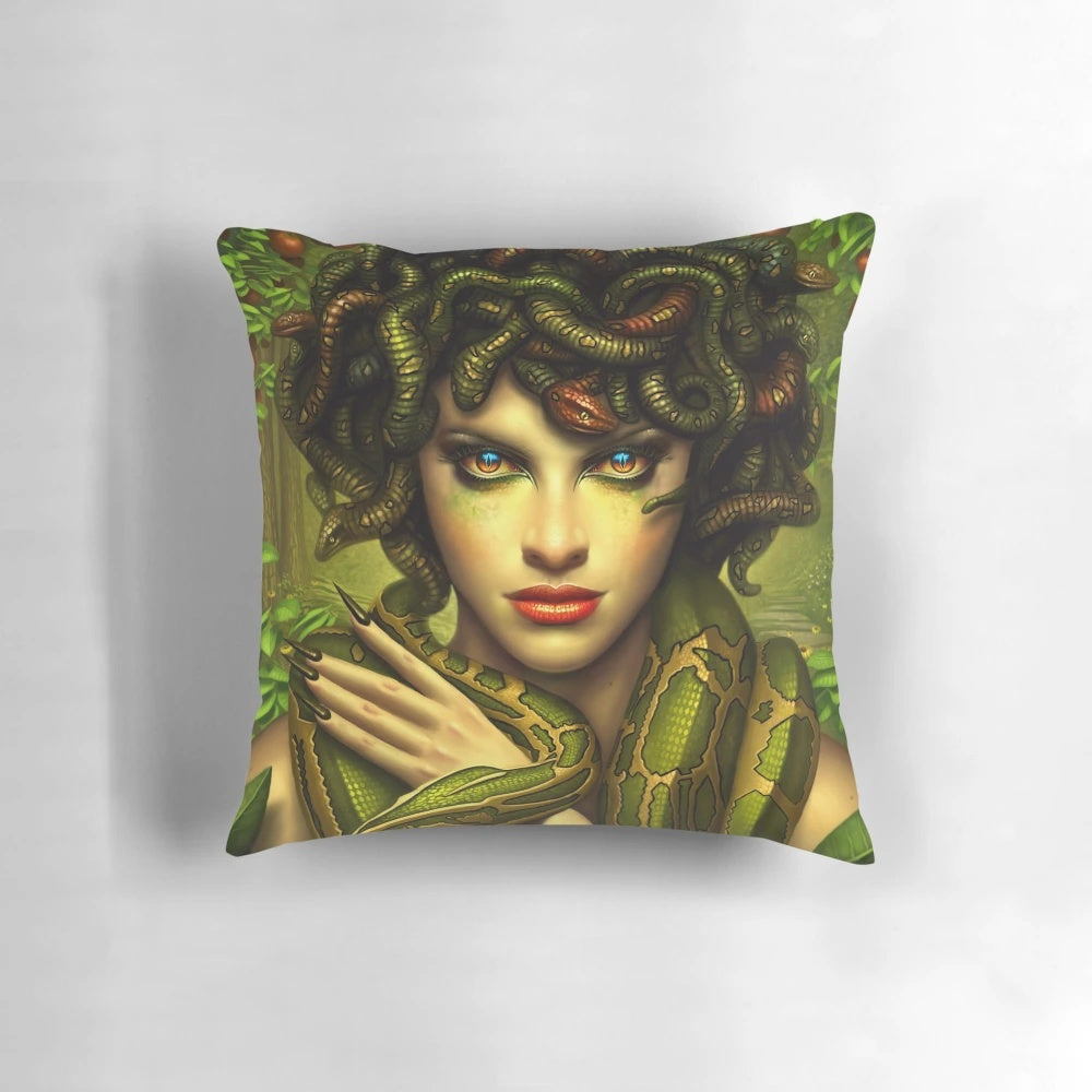 Decorative Medusa pillow featuring a captivating portrait of the mythical gorgon from Greek mythology