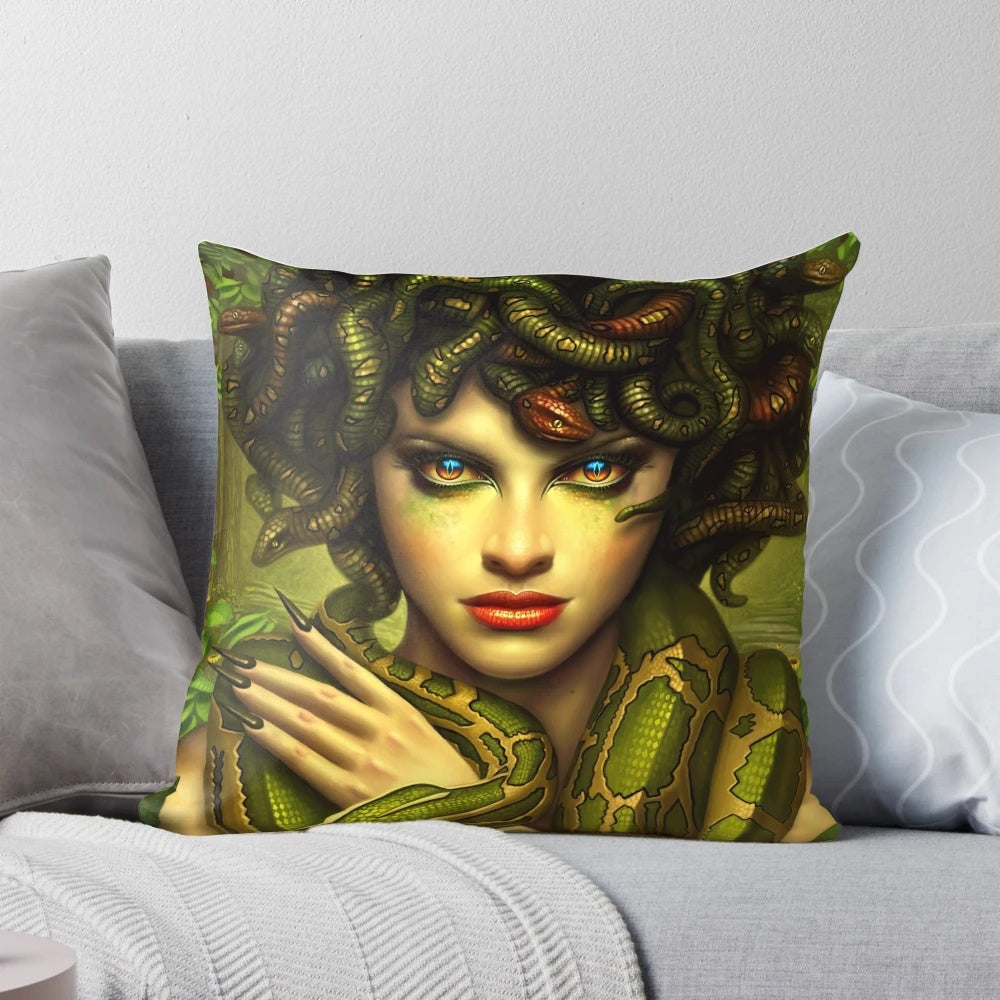 Decorative Medusa pillow featuring a captivating portrait of the mythical gorgon from Greek mythology