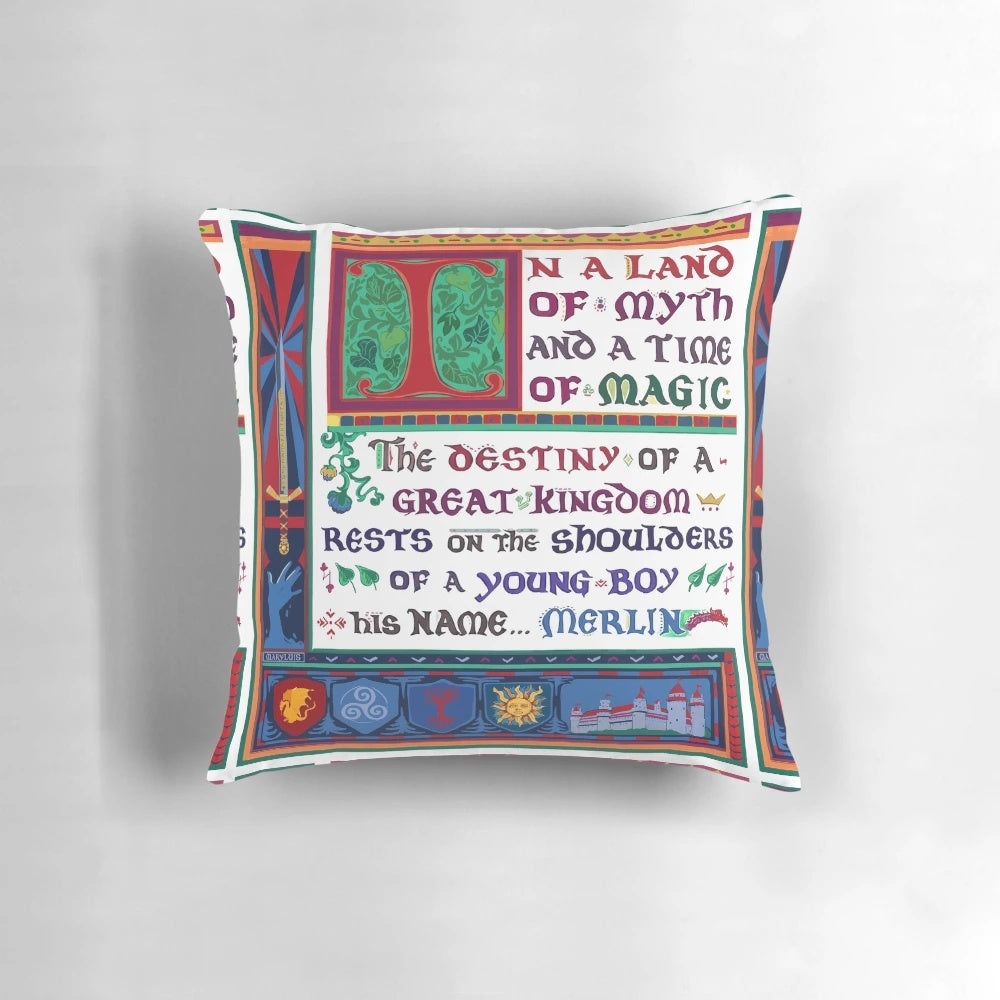 Artistic pillow featuring characters and symbols from the BBC series Merlin