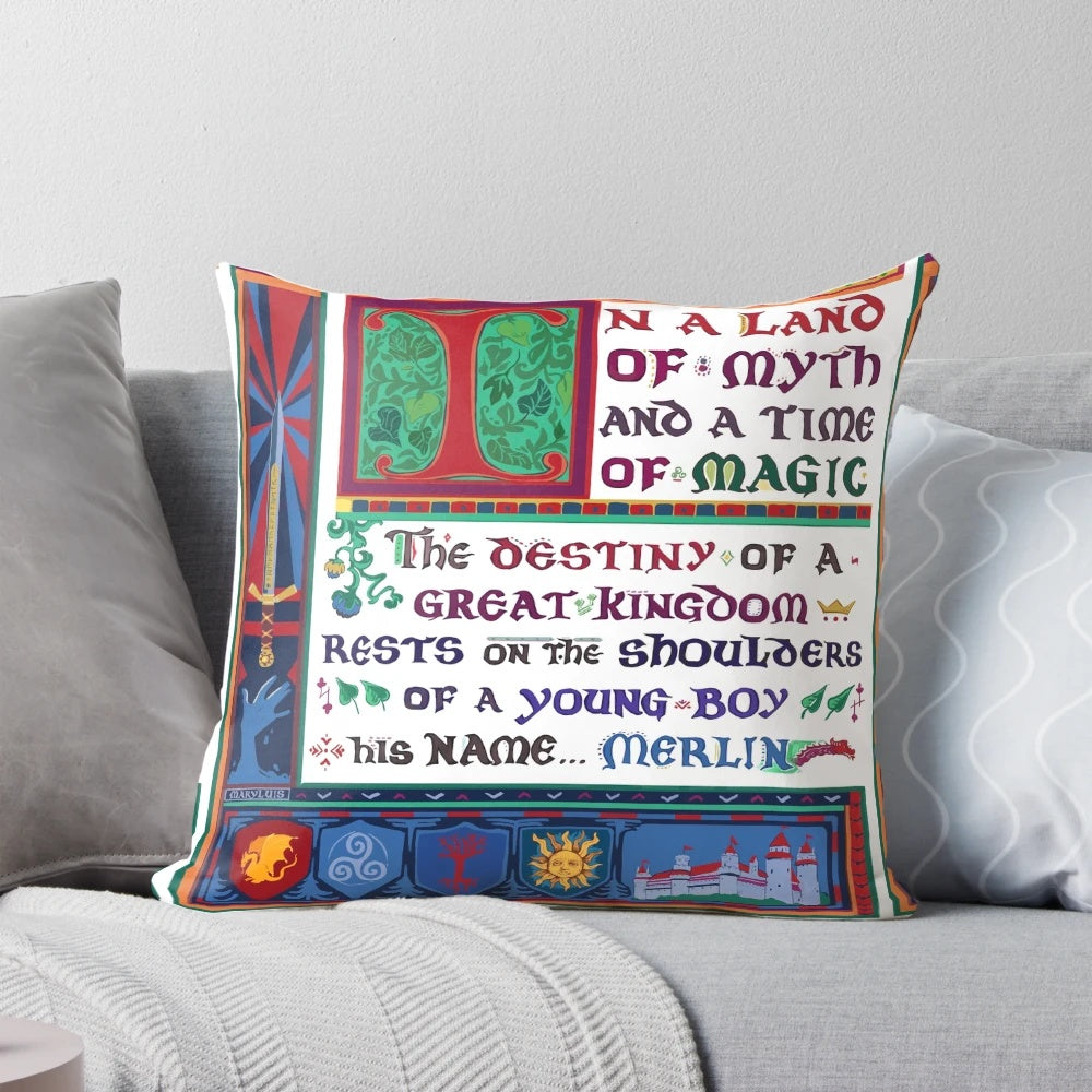 Artistic pillow featuring characters and symbols from the BBC series Merlin