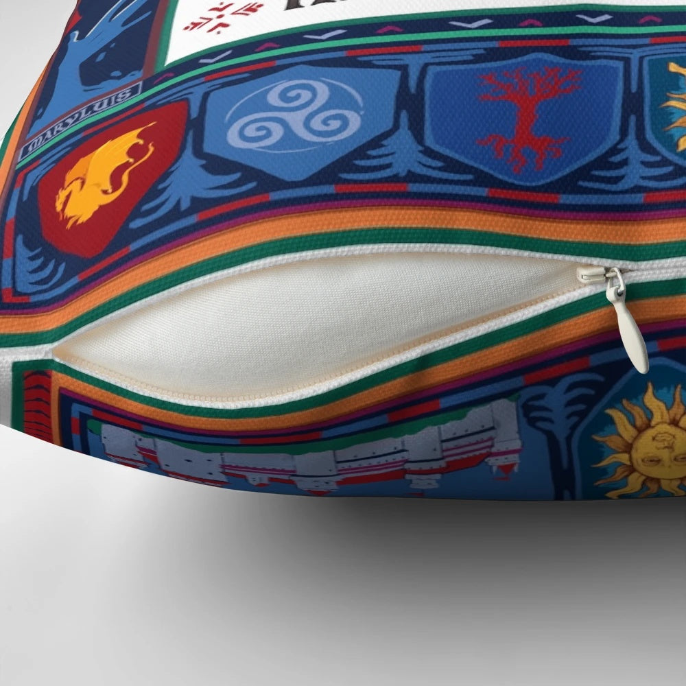 Artistic pillow featuring characters and symbols from the BBC series Merlin
