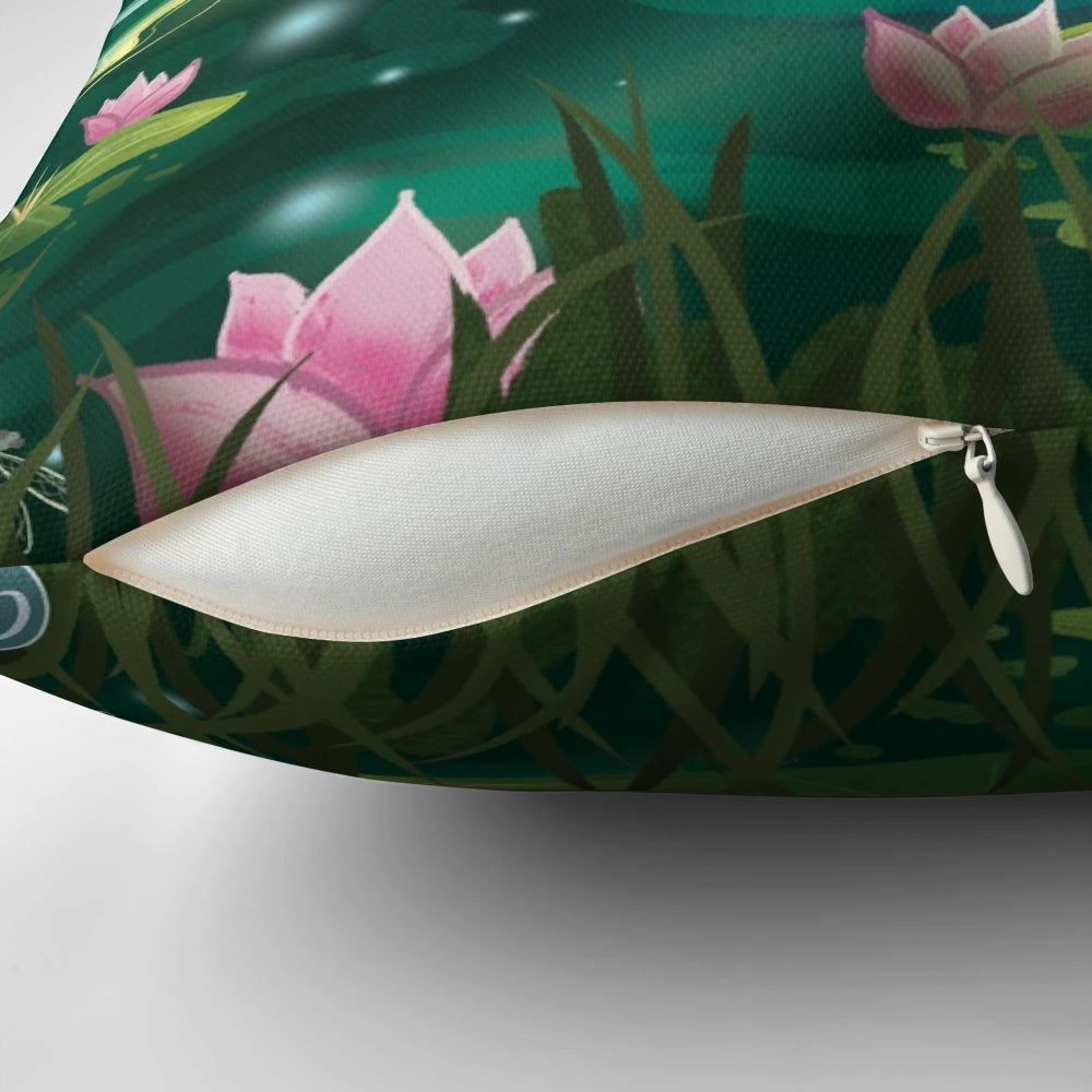 Whimsical mermaid illustration on a decorative pillow, set in a tranquil lily pond