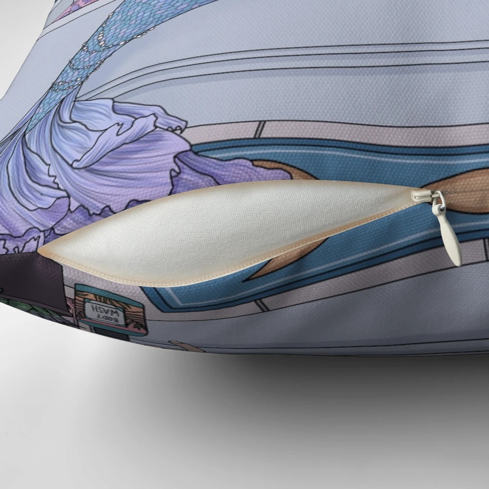 Beautifully illustrated mermaid-themed pillow in pastel colors with plants and sea creatures