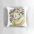 A decorative pillow featuring a playful design of mermaid-inspired kittens with freckles and whimsical details.