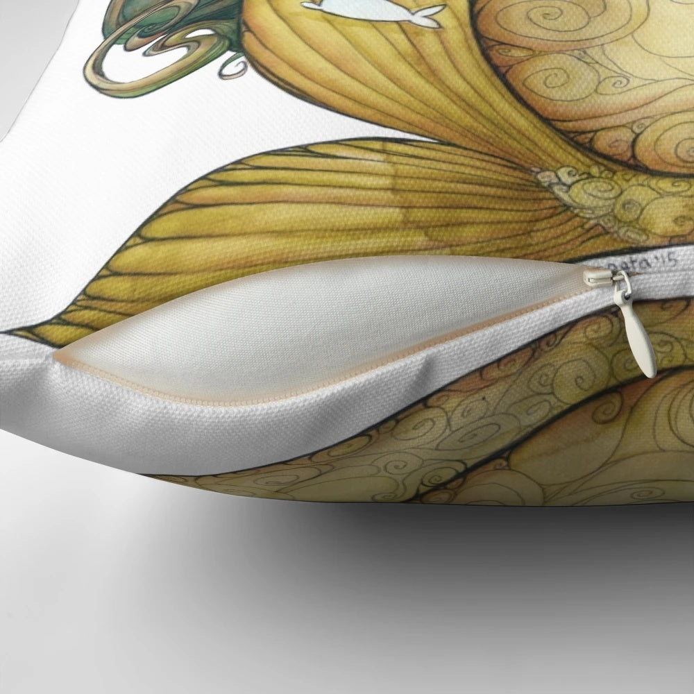 A decorative pillow featuring a playful design of mermaid-inspired kittens with freckles and whimsical details.