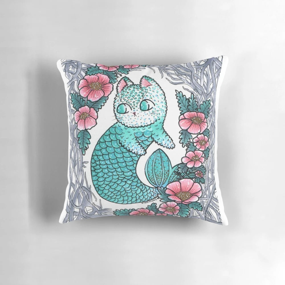 Soft and cuddly mermaid-themed cat pillow with vibrant floral accents