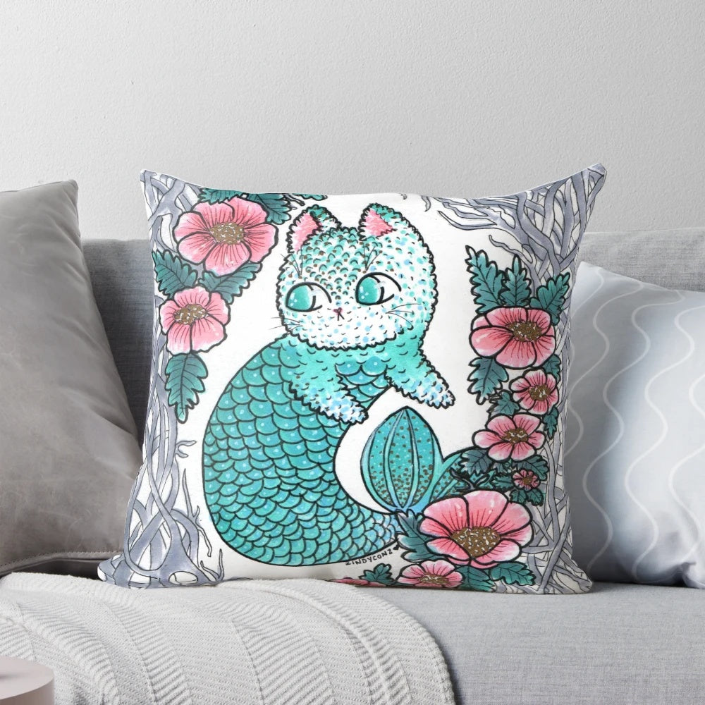 Soft and cuddly mermaid-themed cat pillow with vibrant floral accents