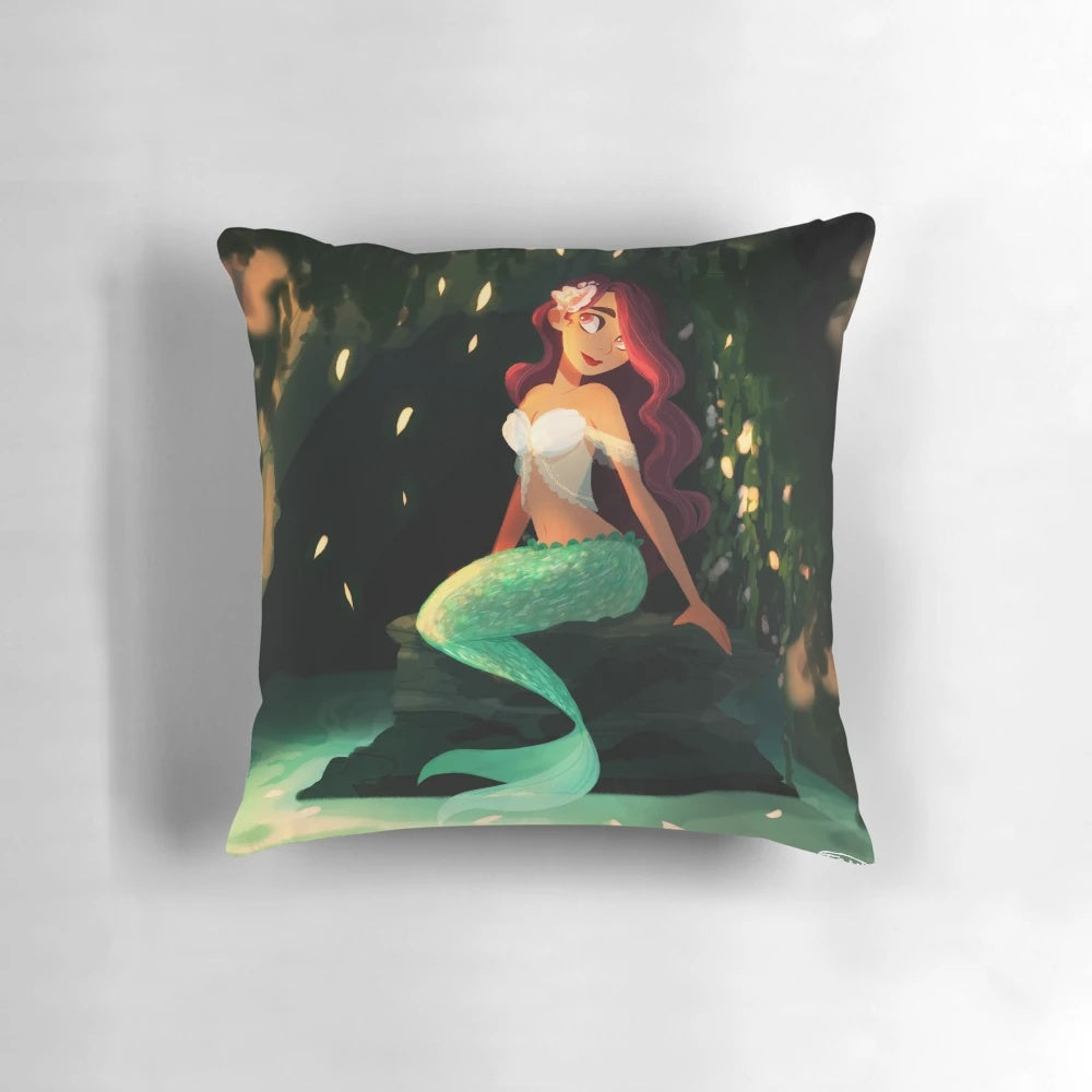 Mermaid-inspired decorative pillow with intricate character design