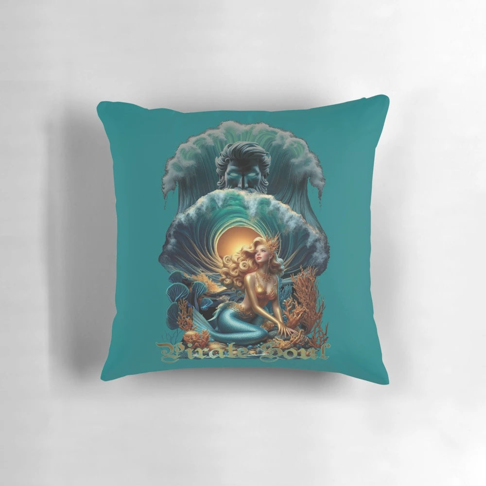 Decorative mermaid-themed pillow with gold accents and a serene ocean design