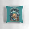 Decorative mermaid-themed pillow with gold accents and a serene ocean design