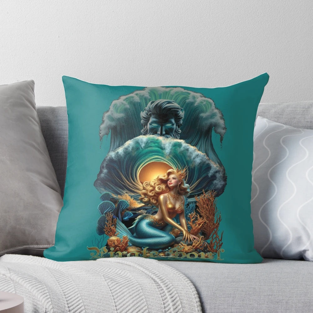 Decorative mermaid-themed pillow with gold accents and a serene ocean design