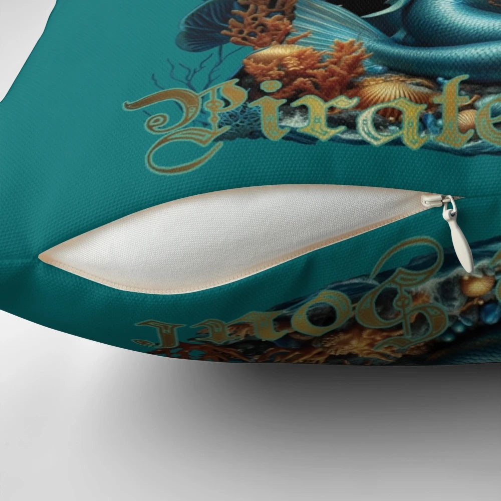 Decorative mermaid-themed pillow with gold accents and a serene ocean design