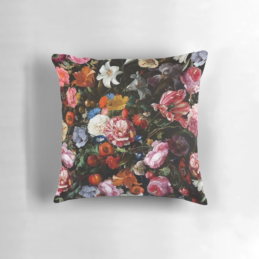 Luxurious midnight botanical pillow with a vintage, mystic floral pattern in shades of black and green
