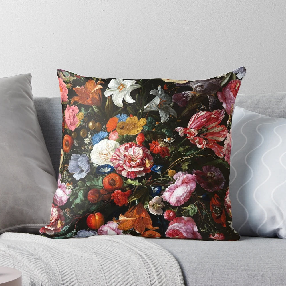 Luxurious midnight botanical pillow with a vintage, mystic floral pattern in shades of black and green