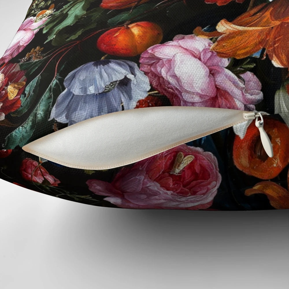 Luxurious midnight botanical pillow with a vintage, mystic floral pattern in shades of black and green
