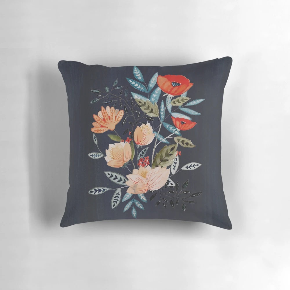 Midnight Bouquet Pillow featuring a stunning botanical floral design in shades of blue, navy, and red.