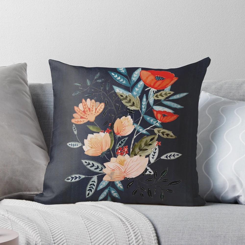 Midnight Bouquet Pillow featuring a stunning botanical floral design in shades of blue, navy, and red.