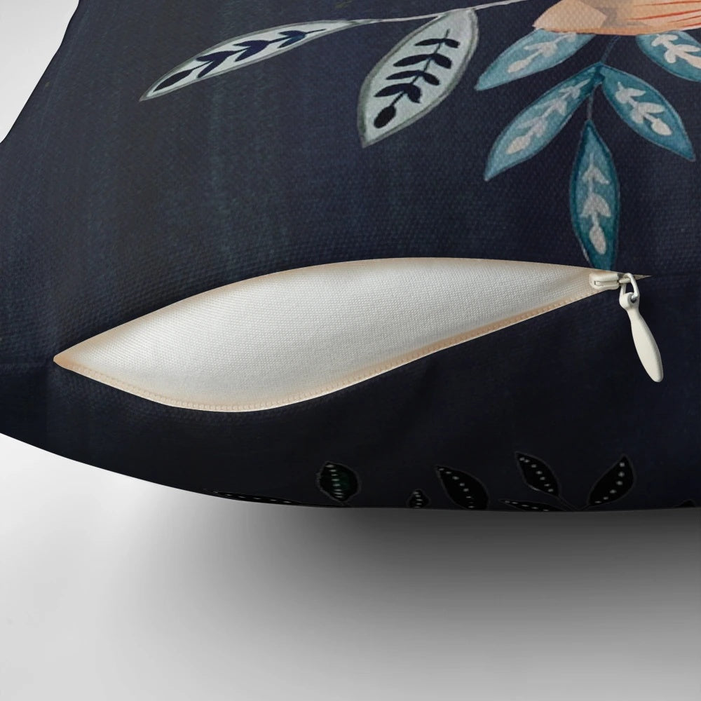 Midnight Bouquet Pillow featuring a stunning botanical floral design in shades of blue, navy, and red.