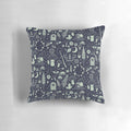 Whimsical fairy garden pillow with midnight design featuring mushrooms, butterflies, and flowers