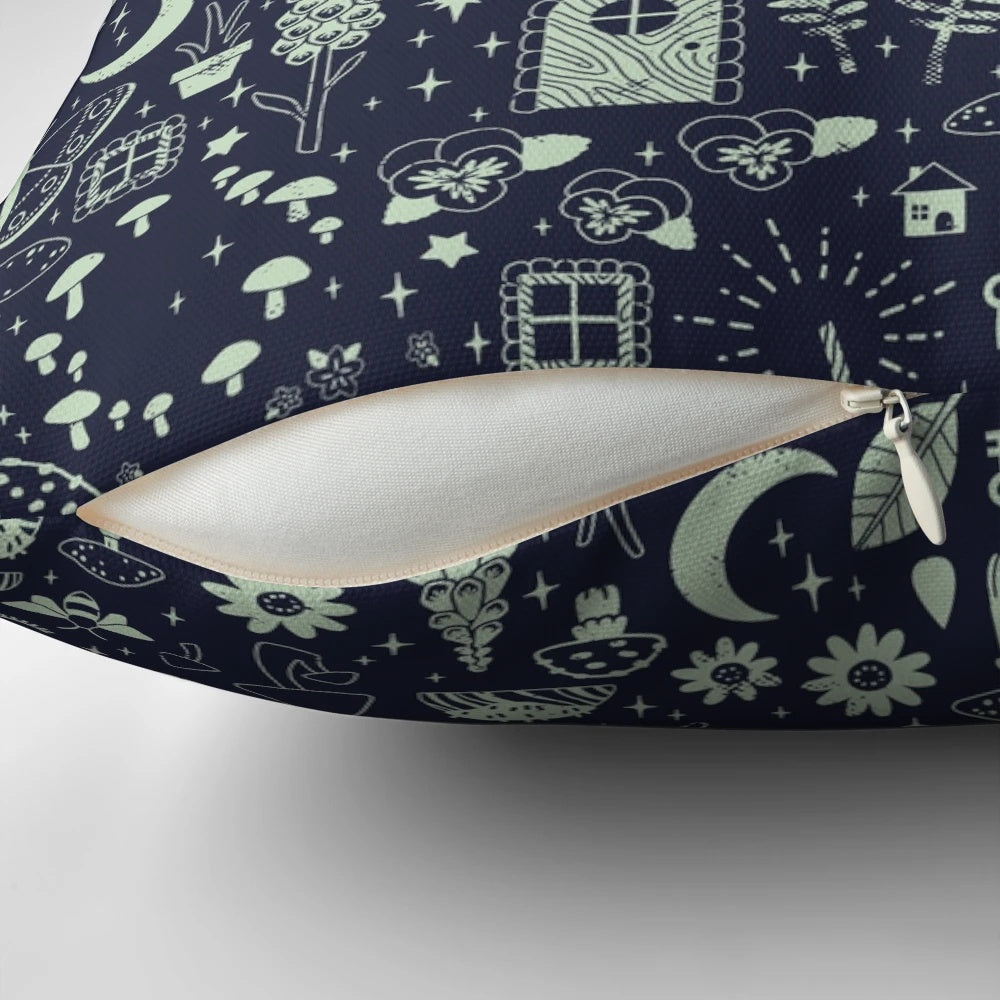 Whimsical fairy garden pillow with midnight design featuring mushrooms, butterflies, and flowers
