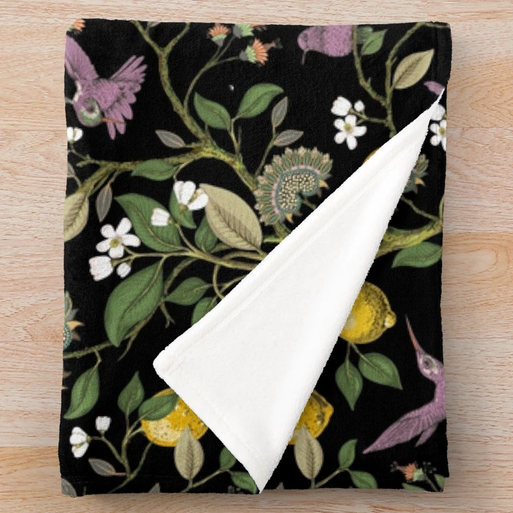 Midnight Floral Plush Blanket with Mythical Elements