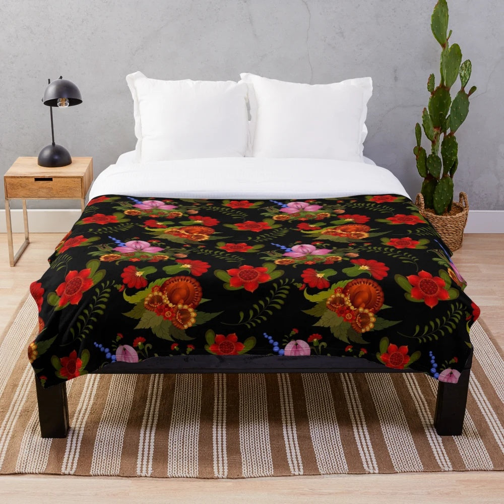 Midnight Floral Plush Blanket with Mythical Designs