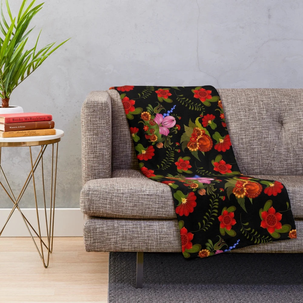 Midnight Floral Plush Blanket with Mythical Designs