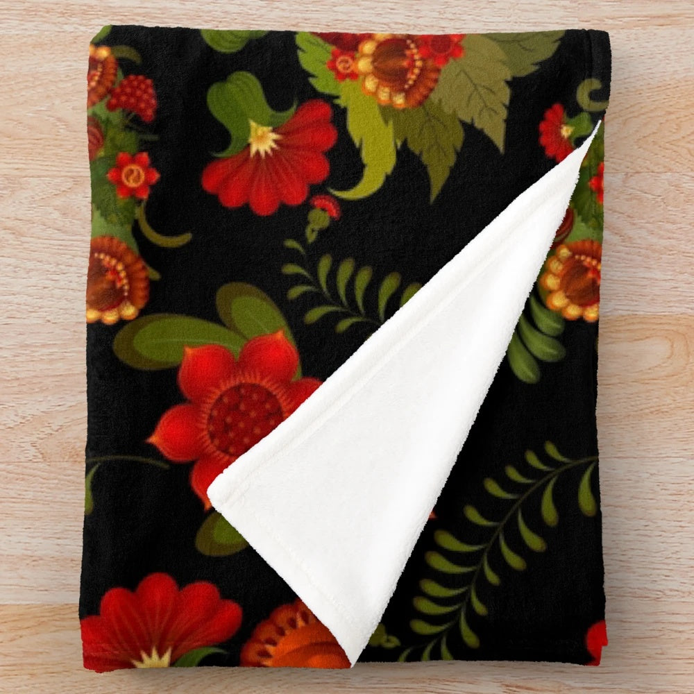 Midnight Floral Plush Blanket with Mythical Designs