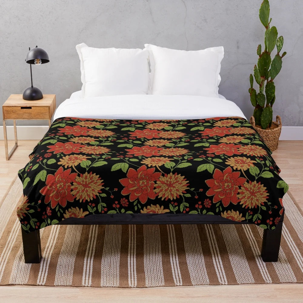 Midnight Floral Plush Blanket with Mythical Creature Accents
