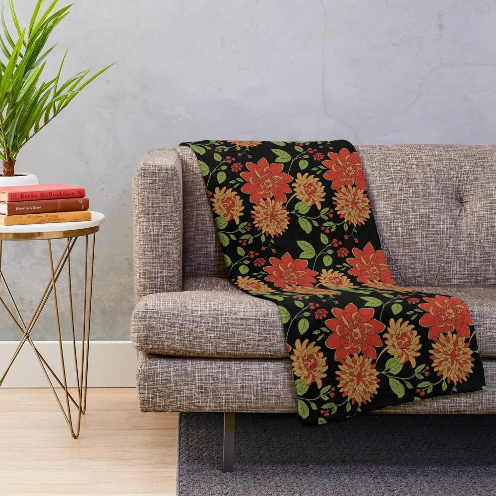 Midnight Floral Plush Blanket with Mythical Creature Accents