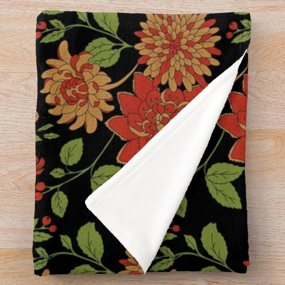 Midnight Floral Plush Blanket with Mythical Creature Accents