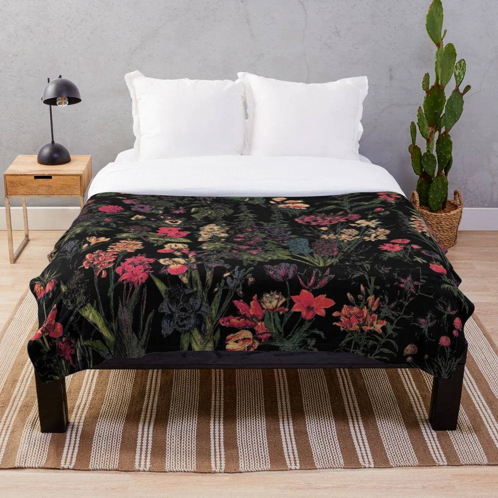 Midnight Floral Plush Blanket with Mythical Motifs